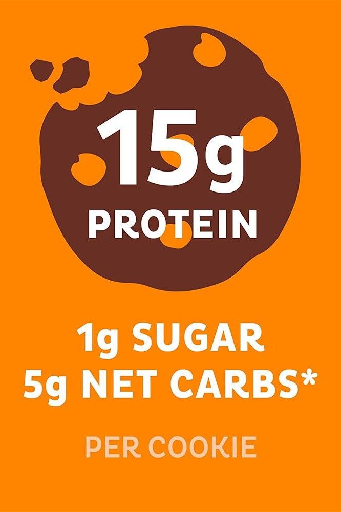 Quest Nutrition Protein Cookie packaging showing 15g protein, 1g sugar, and 5g net carbs per cookie.
