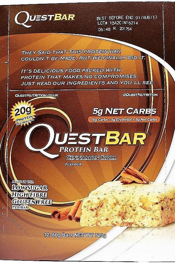 Quest Nutrition Quest Bar packaging showcasing cinnamon roll flavor with nutritional information and benefits.