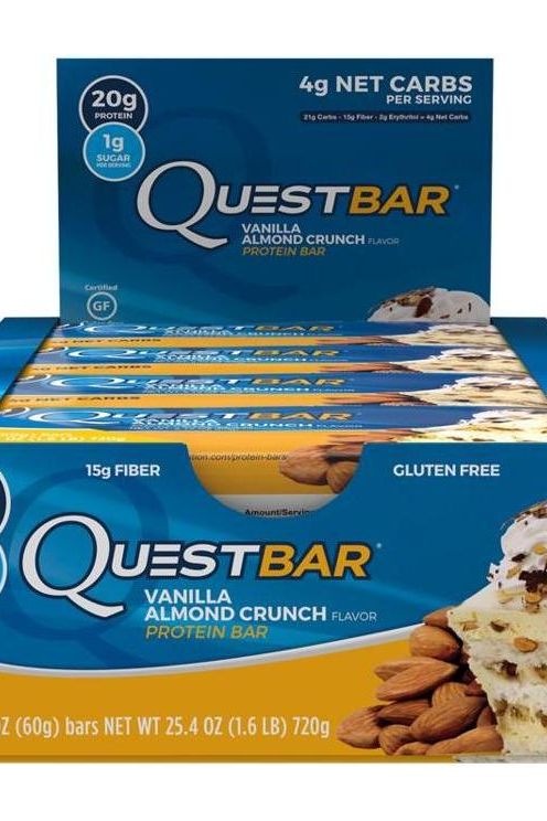 Quest Nutrition Quest Bar Vanilla Almond Crunch with 20g protein and low carbs packaging.