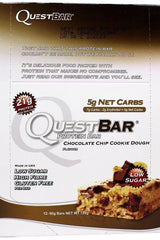 Quest Nutrition Quest Bar, Chocolate Chip Cookie Dough flavor, low sugar, high fiber, 21g protein, 5g net carbs.