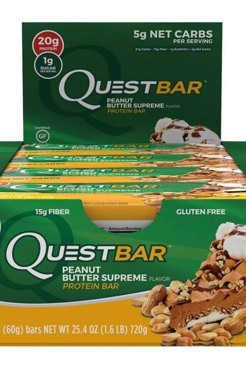Quest Nutrition Quest Bar Peanut Butter Supreme flavor box with 20g protein and 5g net carbs per serving.