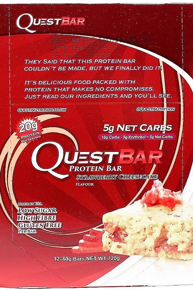 Quest Nutrition Quest Bar with strawberry cheesecake flavor, low sugar, high fiber, and gluten free, packed with protein.