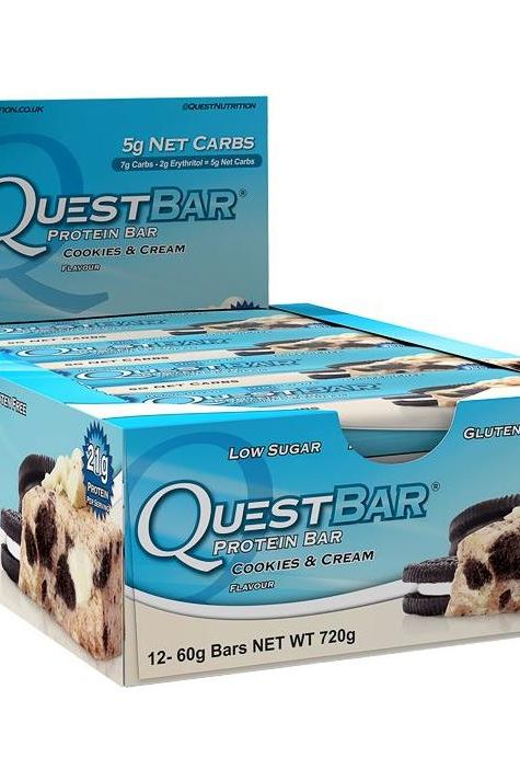 Quest Nutrition Quest Bar Cookies and Cream packaging, 12 bars, low sugar, high protein, 5g net carbs.