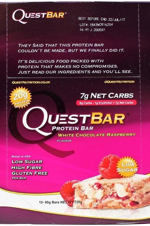 Quest Bar protein bar packaging featuring white chocolate raspberry flavor and nutritional details.