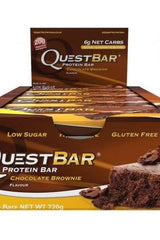 Quest Nutrition Quest Bar Chocolate Brownie box low sugar gluten-free protein bars with 20g protein and 6g net carbs.