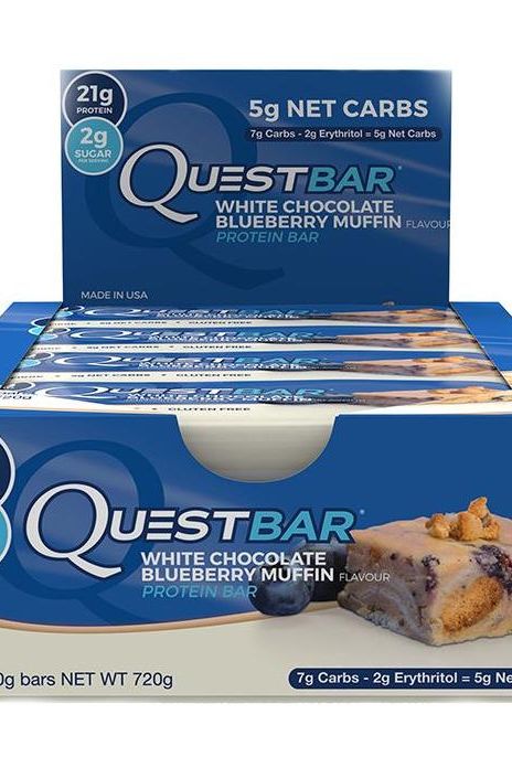 Quest Nutrition Quest Bar White Chocolate Blueberry Muffin with 21g protein and 5g net carbs in packaging.