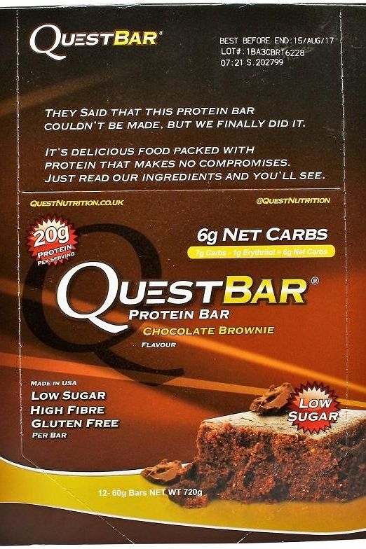 Quest Nutrition Quest Bar packaging featuring Chocolate Brownie flavor with low sugar, high fiber, and gluten-free benefits.
