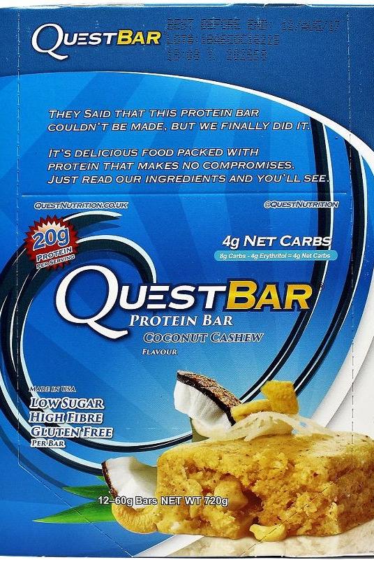 Quest Nutrition Quest Bar Coconut Cashew flavor box with nutrition details and benefits.
