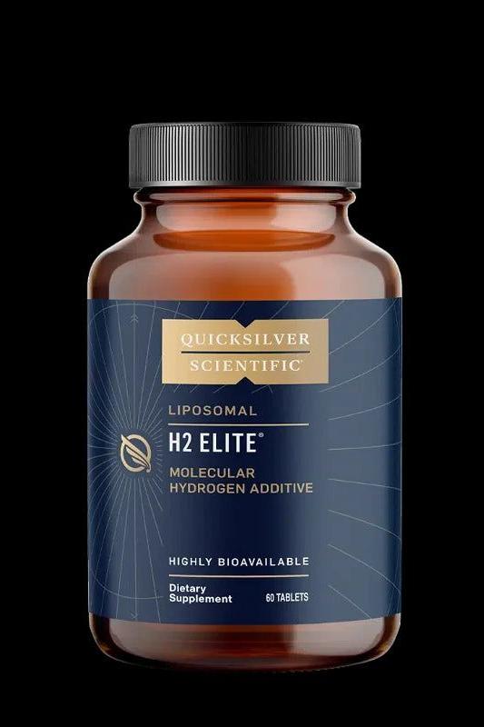 Quicksilver H2 Elite liposomal dietary supplement bottle for antioxidant support and cell health.