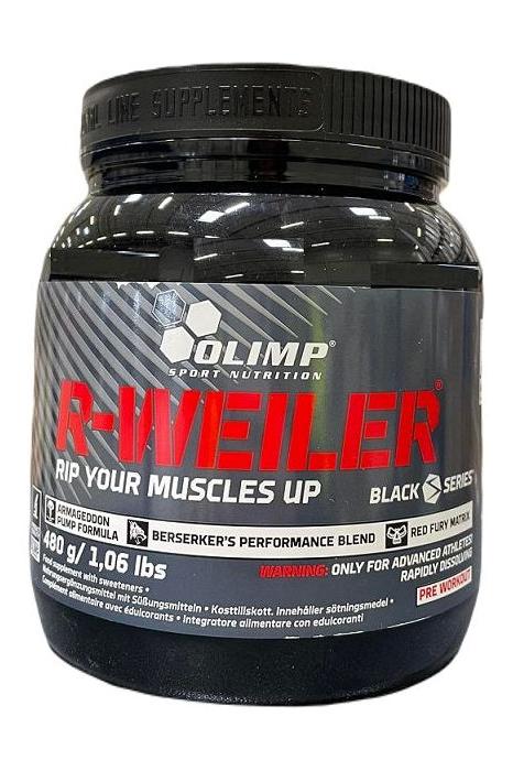 R-WEILER pre-workout supplement by Olimp, 480g jar, supports energy levels and muscle performance.
