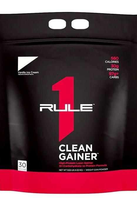Rule One Clean Gainer Vanilla Ice Cream flavor, 560 calories, 30g protein, high-quality weight gain formula.