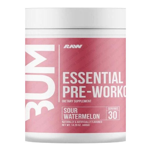 Raw Nutrition CBUM Essential Pre-Workout Sour Watermelon supplement container with 30 servings.