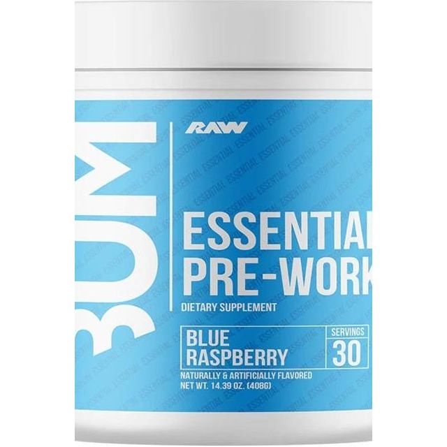 Raw Nutrition CBUM Essential Pre-Workout Blue Raspberry flavor dietary supplement container with 30 servings.