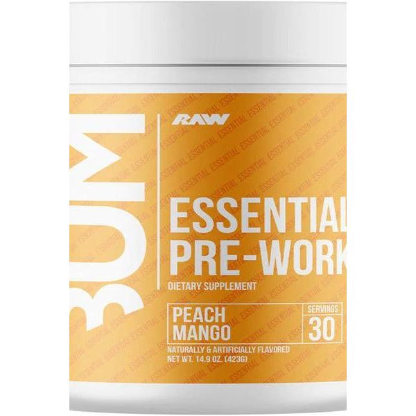 Raw Nutrition CBUM Essential Pre-Workout Peach Mango flavor dietary supplement in a 30-serving container.