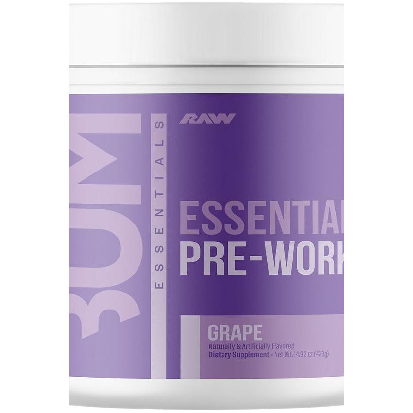 Raw Nutrition CBUM Essential Pre-Workout in Grape flavor, a dietary supplement for enhanced workout performance.