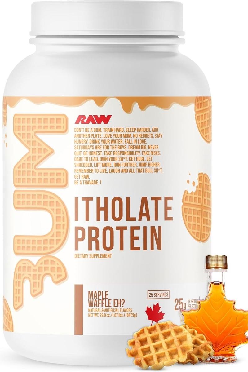RAW Nutrition Itholate Protein Maple Waffle flavor, 25g protein per serving, high-quality dietary supplement.