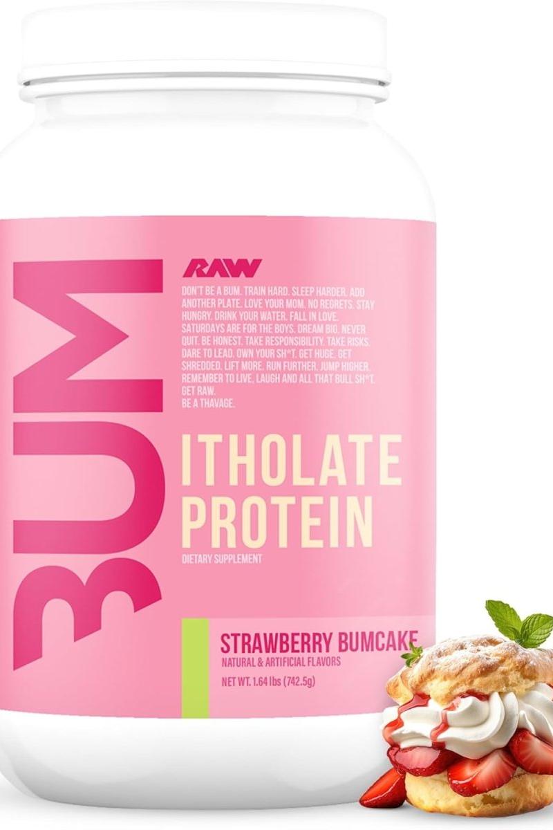 CBUM Itholate Protein in strawberry bumcake flavor, designed for muscle recovery and growth, in a white container.