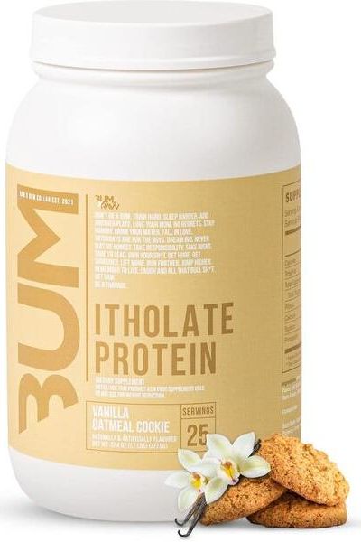 CBUM Itholate Protein powder in Vanilla Oatmeal Cookie flavor with oatmeal cookies and vanilla flowers on display.
