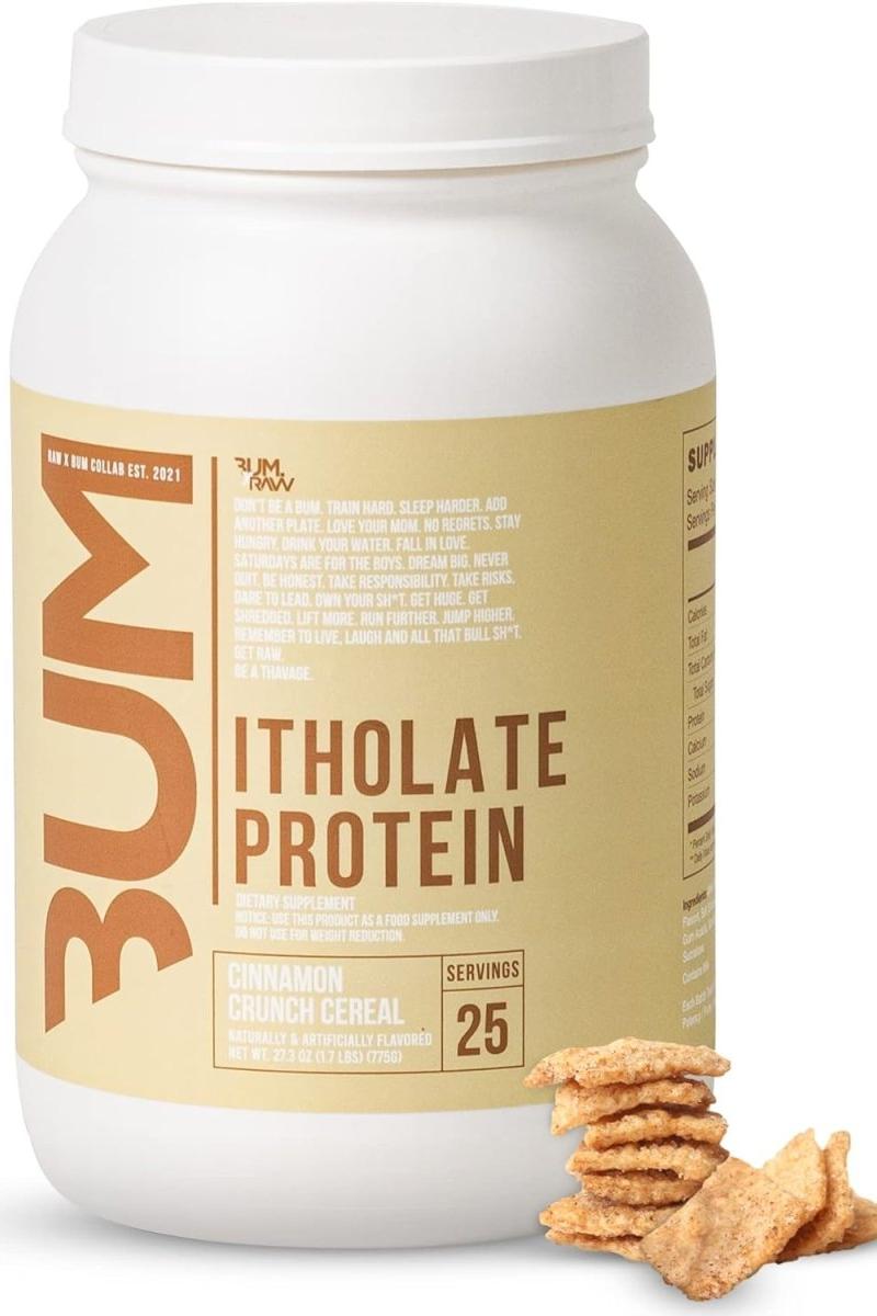 CBUM Itholate Protein jar with Cinnamon Crunch Cereal, high-quality whey isolate protein for muscle recovery.