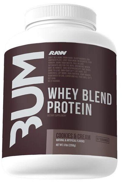RAW Nutrition CBUM Whey Protein Blend, Cookies & Cream flavor, high-quality protein for muscle growth and recovery.