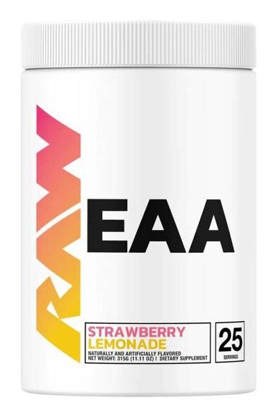 Raw Nutrition EAA Strawberry Lemonade supplement for muscle endurance and recovery, 25 servings.