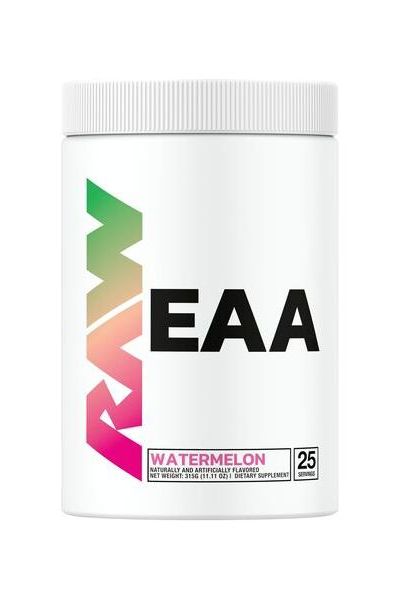Raw Nutrition EAA watermelon flavor supplement container, promotes muscle endurance and recovery.