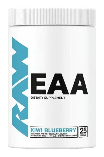 Raw Nutrition EAA dietary supplement in Kiwi Blueberry flavor, designed to enhance muscle endurance and recovery.