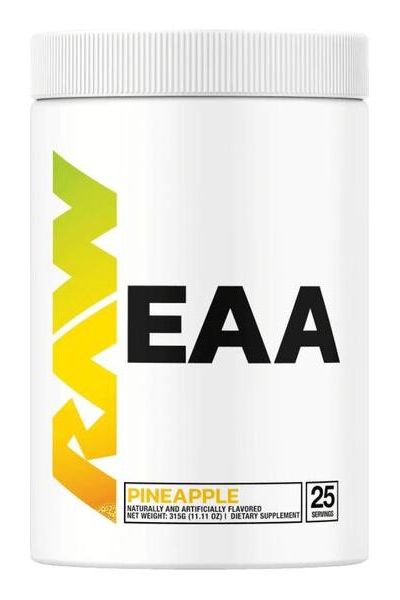 Raw Nutrition EAA Pineapple flavor dietary supplement for muscle endurance and recovery, 25 servings container.