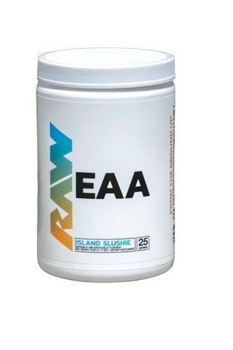 Raw Nutrition EAA supplement container, flavor: Island Slushie, designed to enhance muscle endurance and recovery.