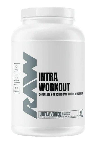 RAW Intra Workout supplement container, unflavored, complete carbohydrate recovery formula for enhanced performance.