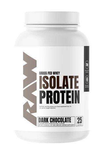 RAW Nutrition Grass Fed Whey Isolate Protein in Dark Chocolate flavor, 25g protein per serving, no additives.