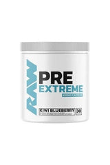 Raw Nutrition Pre Extreme 360g pre-workout supplement with kiwi blueberry flavor, 400mg caffeine, 30 servings.