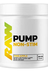 Raw Nutrition Pump Non-Stim supplement in pineapple flavor, designed for enhanced workout performance and muscle pump.