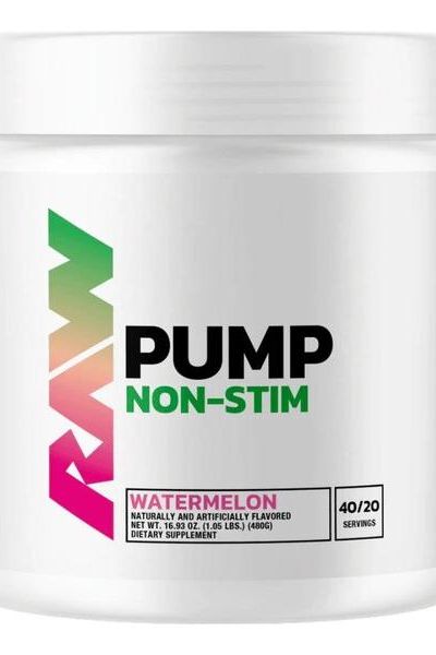 Raw Nutrition Pump Non-Stim pre-workout supplement in watermelon flavor, enhancing energy and nitric oxide production.