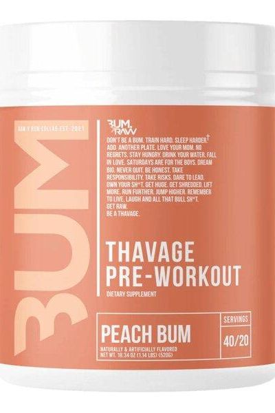 Thavage Pre-Workout supplement in Peach Bum flavor, designed for explosive energy and maximum workout performance.