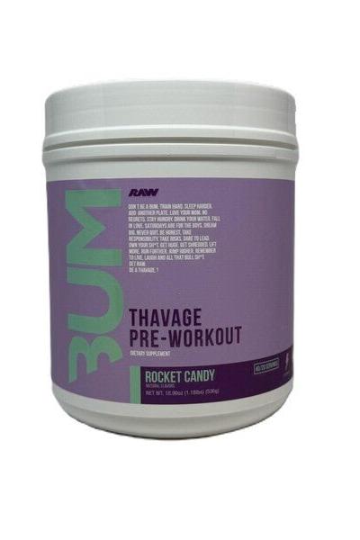 Thavage Pre-Workout supplement jar in Rocket Candy flavor for explosive performance and energy.