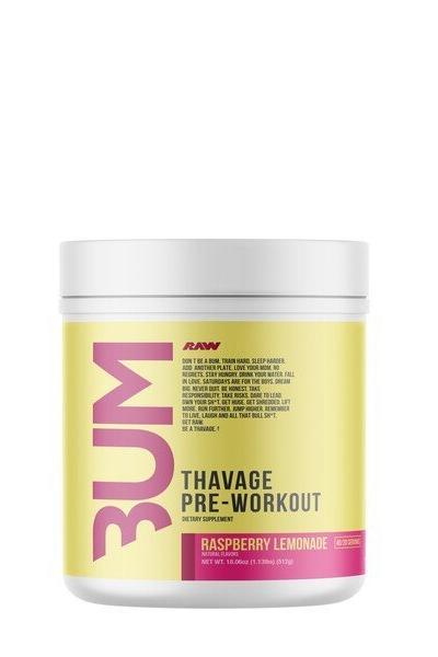 Thavage Pre-Workout by Raw Nutrition, raspberry lemonade flavor, designed for explosive performance and energy.