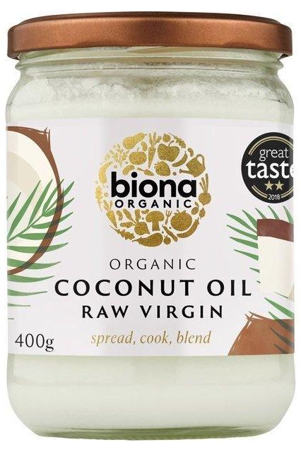 Biona Organic Raw Virgin Coconut Oil in a glass jar, 400g, great for cooking, spreading, and blending.