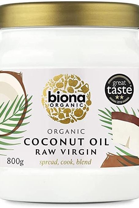 Biona Organic Raw Virgin Coconut Oil 800g jar, ideal for cooking and beauty uses.