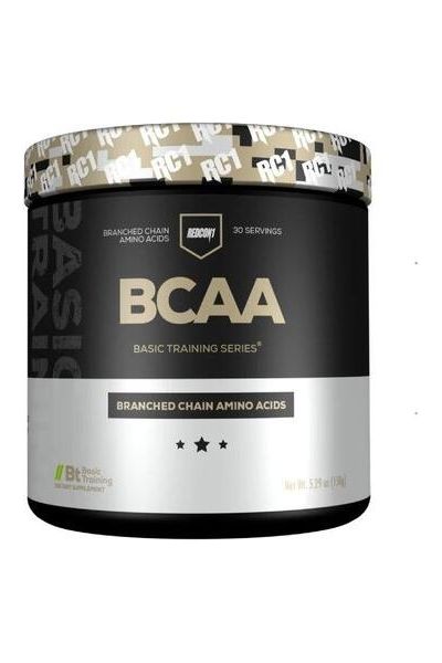 Redcon1 BCAA Basic Training Series supplement container for muscle recovery, 150 grams, featuring essential branched chain amino acids.