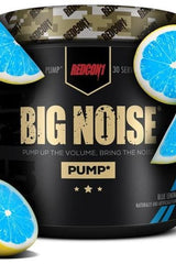 Redcon1 Big Noise supplement tub with blue lemons, for enhanced workout without stimulants.