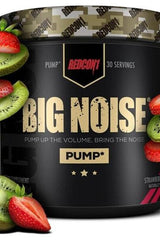Redcon1 Big Noise non-stimulant supplement with strawberry and kiwi flavors, enhances performance and recovery.