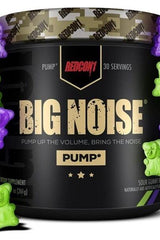 Redcon1 Big Noise supplement jar with sour gummy shapes, designed for enhanced workout performance and focus.