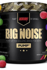 Redcon1 Big Noise non-stimulant supplement container with colorful gummies, promotes muscle recovery and focus.