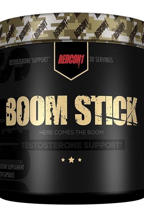 Redcon1 Boom Stick testosterone support supplement jar containing 300 capsules for increased energy and strength.