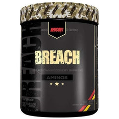 Redcon1 Breach Aminos supplement tub for muscle recovery, featuring camouflage lid design and 30 servings.