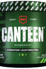 Redcon1 Canteen hydration powder canister, 30 servings, featuring electrolytes and Cherry flavor, promoting optimal hydration.