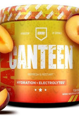 Redcon1 Canteen hydration powder container with peach slices, promoting electrolytes and recovery.