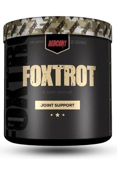 Redcon1 Foxtrot Joint Support supplement jar with black and gold design, offering 30 servings for joint health.
