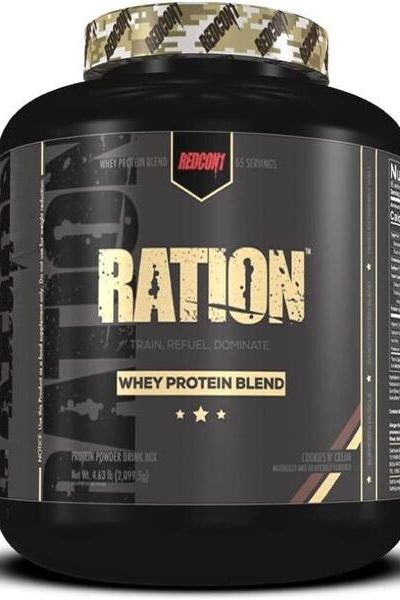 Redcon1 Ration Whey Protein blend jar, rich in fast-acting protein for muscle recovery and growth, 4.3 lbs.